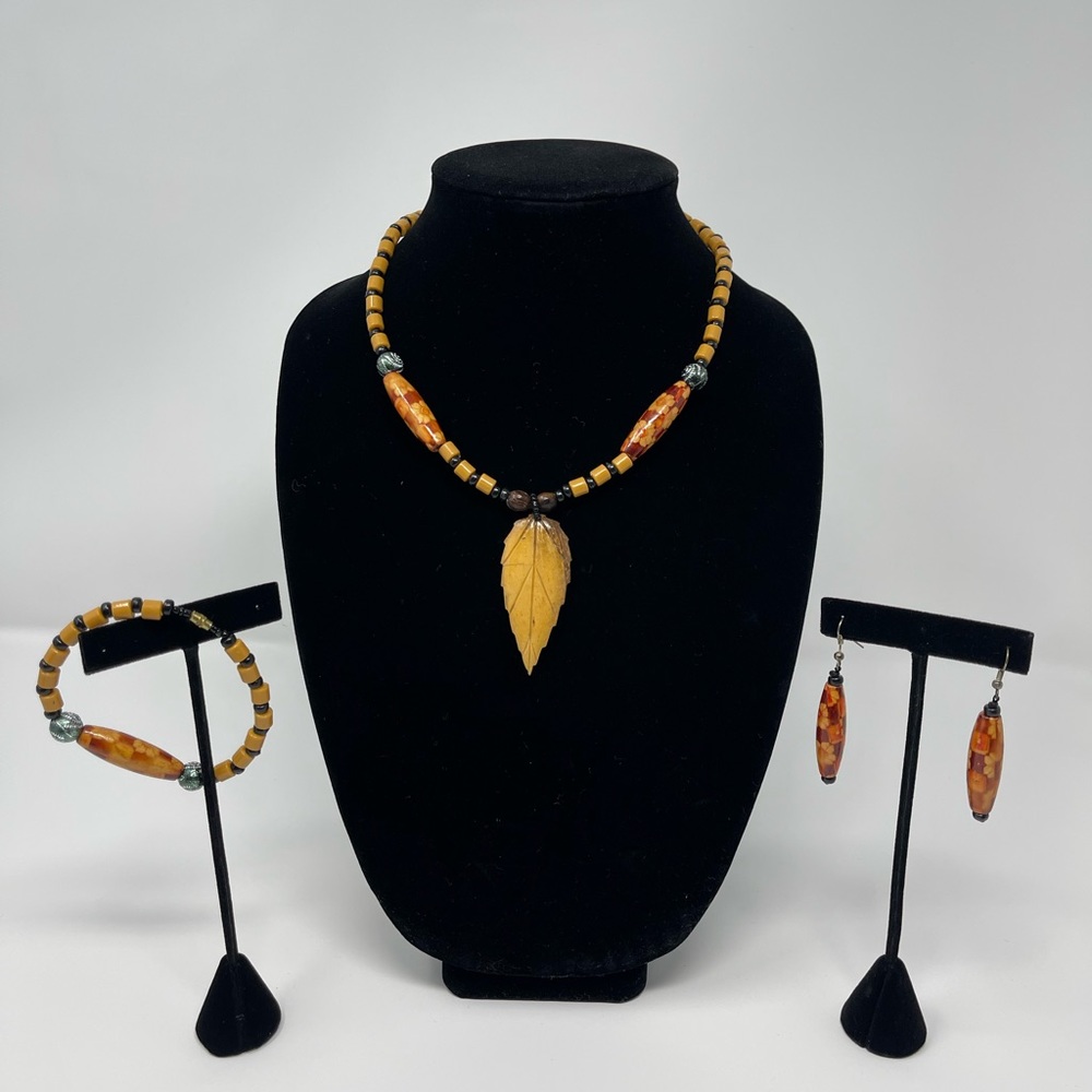 Boho hand painted beaded necklace, earrings, bracelet. 3 piece set.